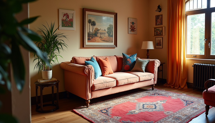 High angle view of a vibrant living room corner with colorful cushions and Indian artwork