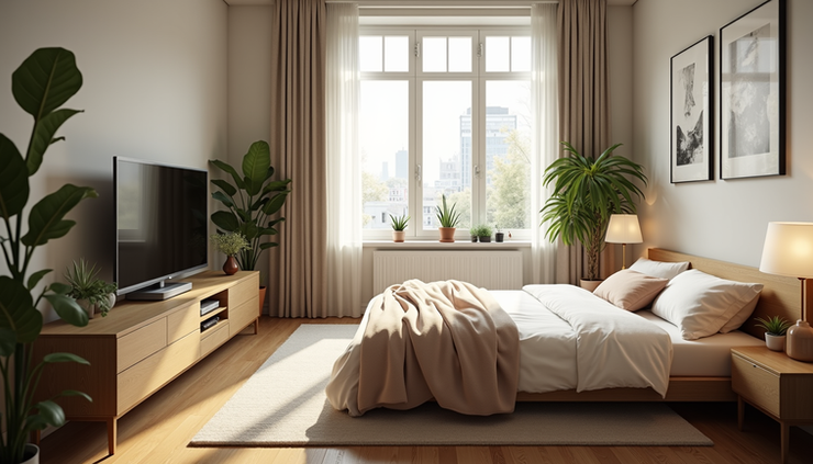 High angle view of a cozy 3BHK apartment bedroom with natural light and plants