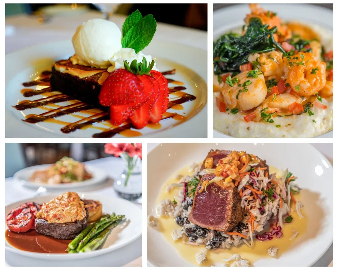 dessert with strawberries, shrimp, and steak dishes