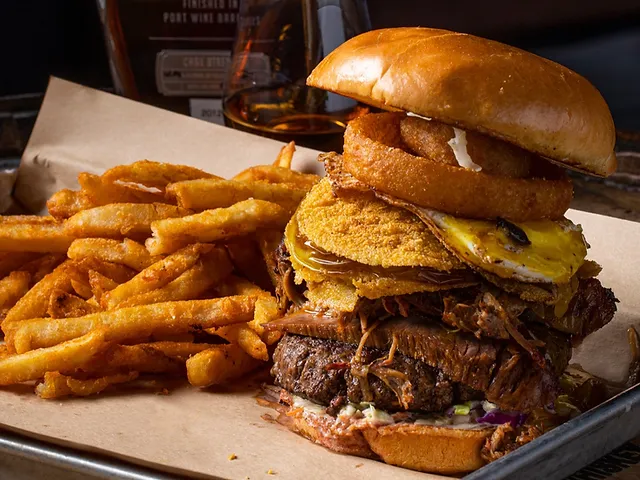 massive barbecue burger and fries
