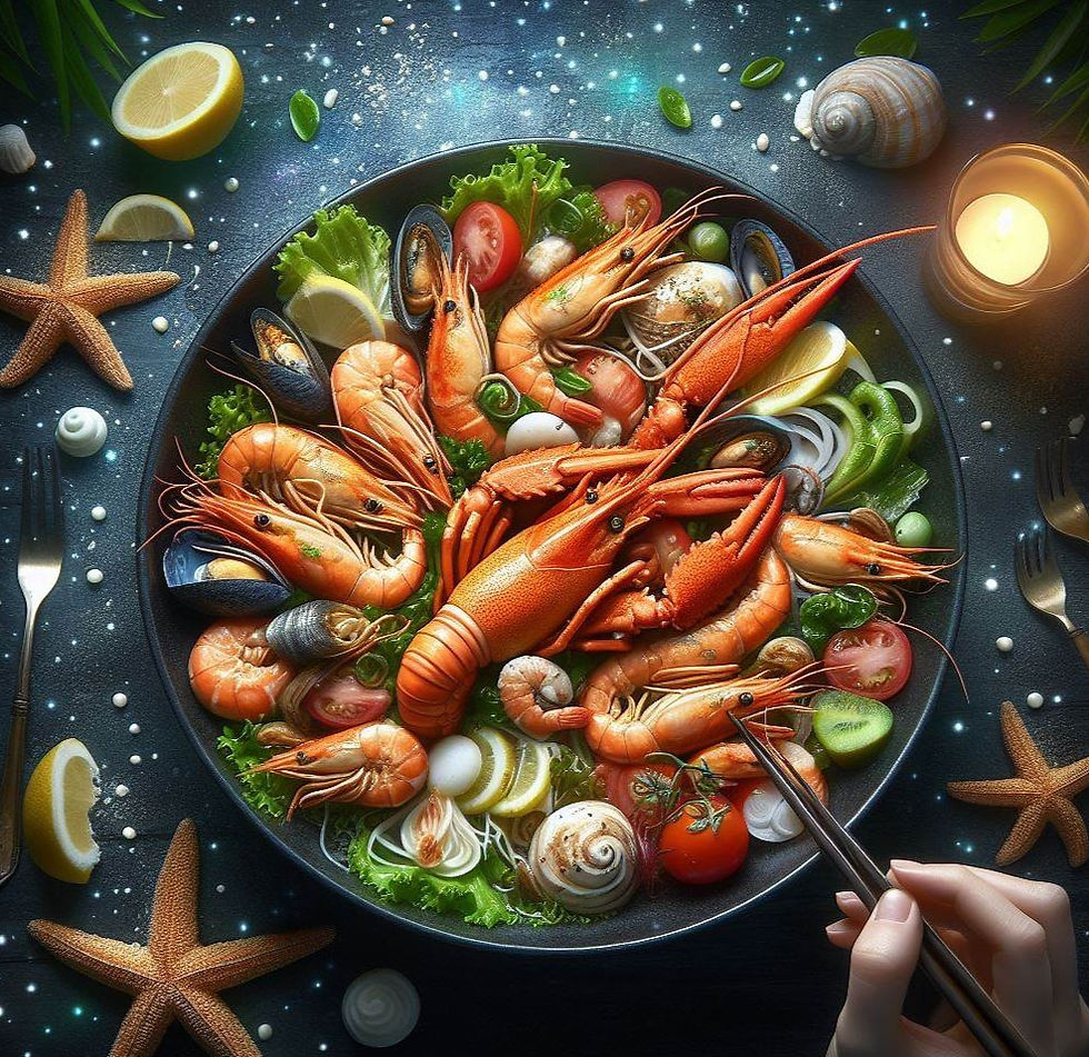 A delicious plate of seafood at night
