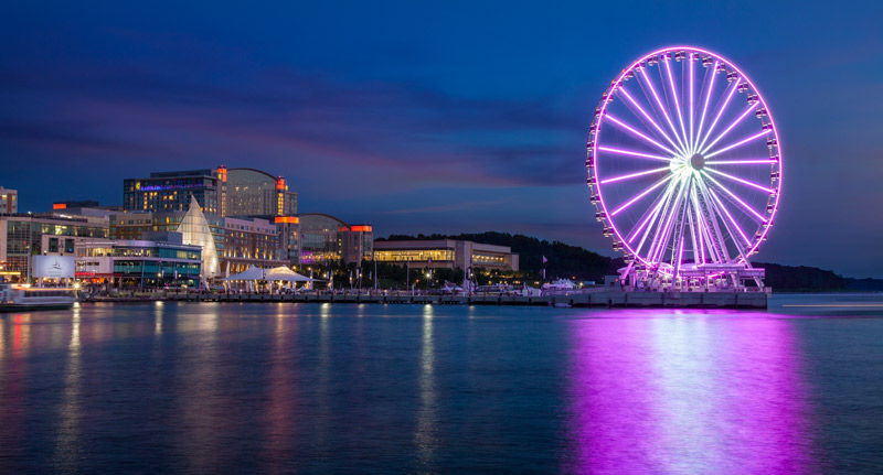 A waterside view of the National Harbor and the famous ferris wheel