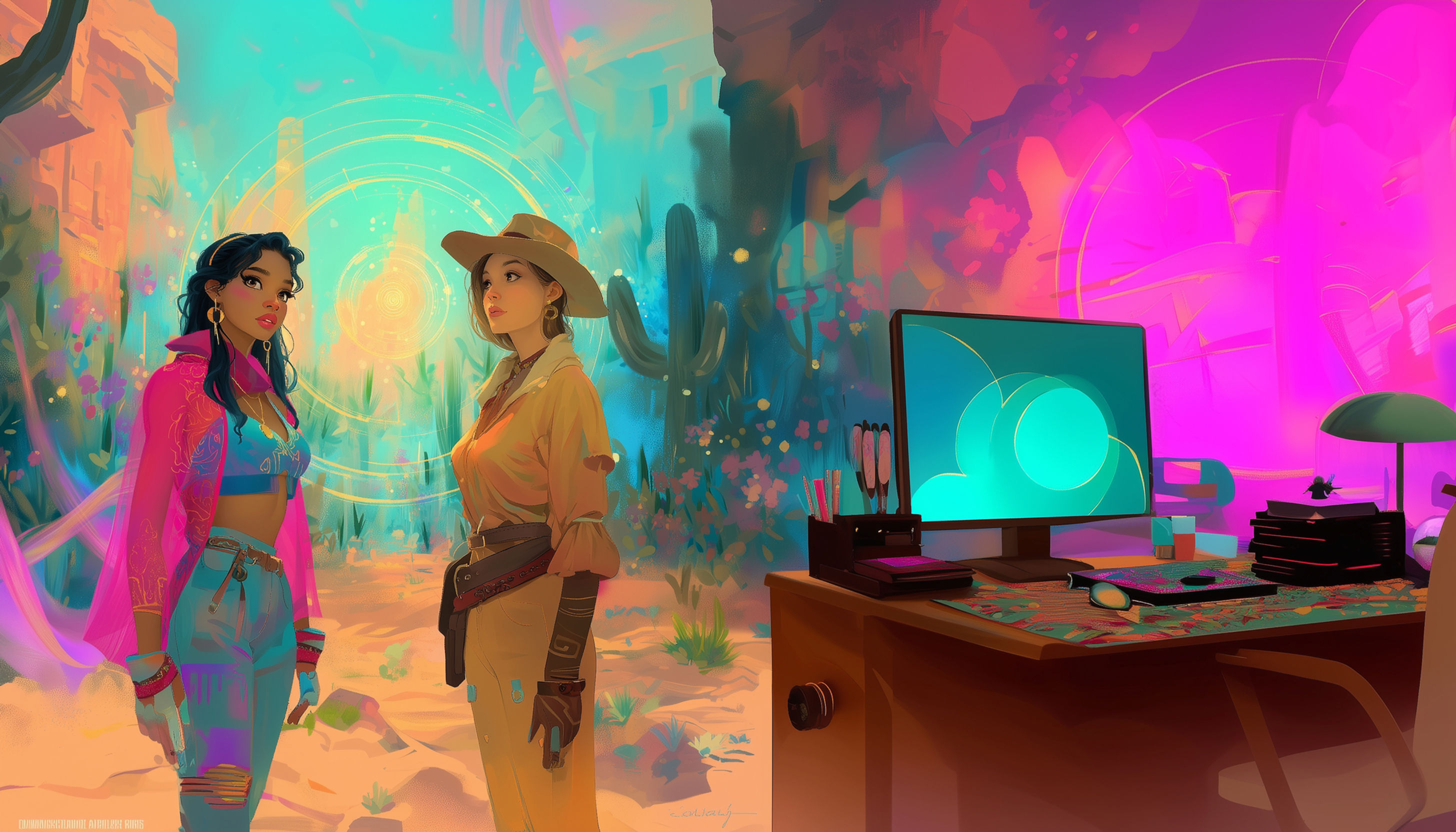 Vibrant digital artwork representing a creative portfolio review—two women discussing work near a desk with a computer and creative tools, suggesting feedback on storytelling, cohesion, and presentation.