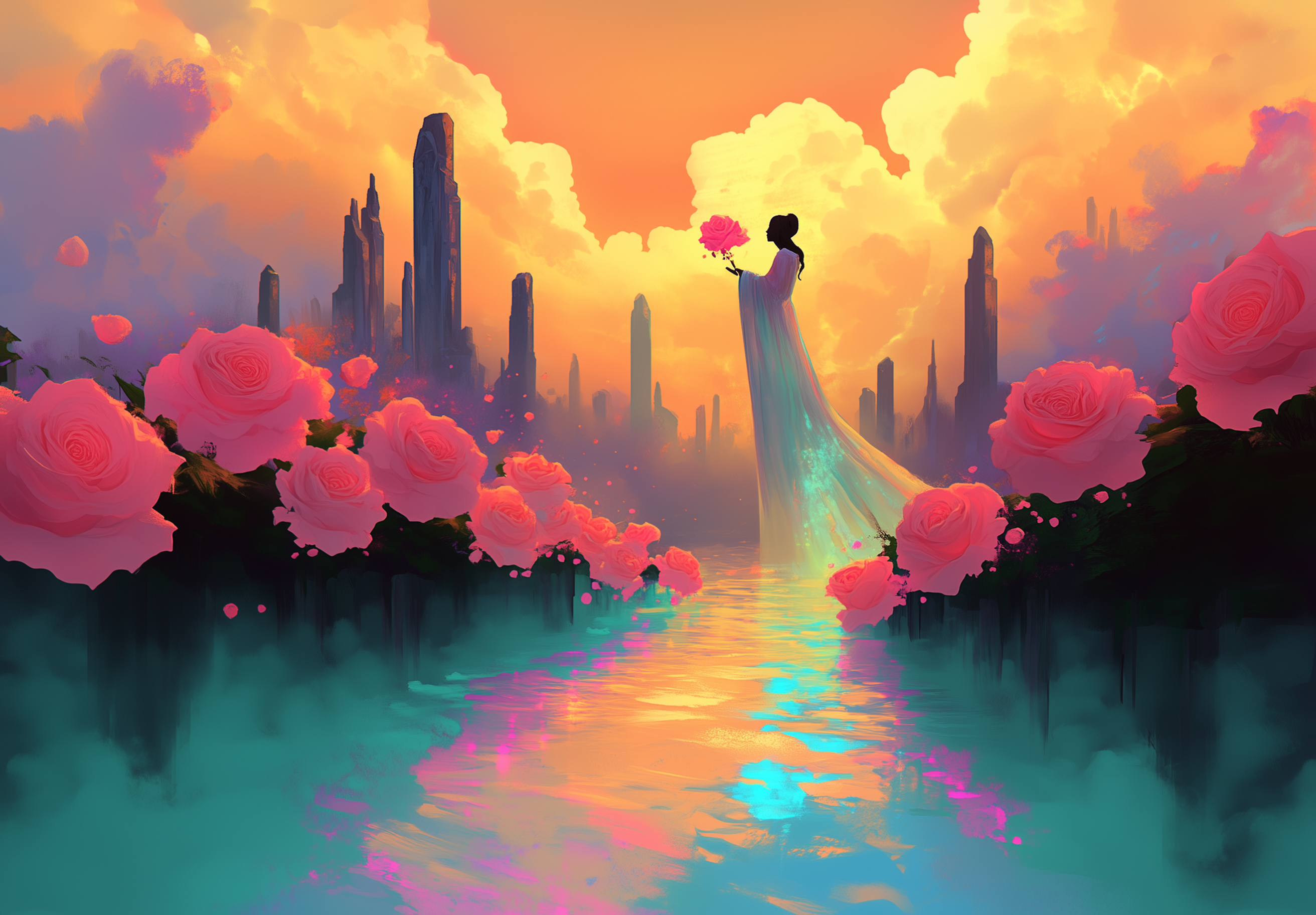 Surreal illustration of a woman holding a rose above glowing water, symbolizing personal transformation and growth. Dreamlike scene of a woman in flowing robes with pink roses and a radiant sky, representing a transformational coaching journey.