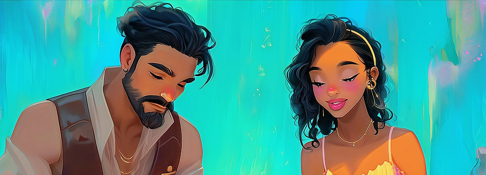 Digital illustration of a woman guiding a coaching/consultation session while a man writes in an open notebook beside her in a colorful, painterly landscape.