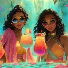 Vibrant illustration of two women seated at a beachside table with tropical cocktails and drifting petals, used to represent content strategy consulting and intentional storytelling.