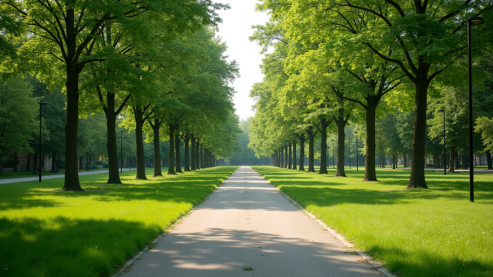 Wide angle view of a peaceful park with a walking path and green trees