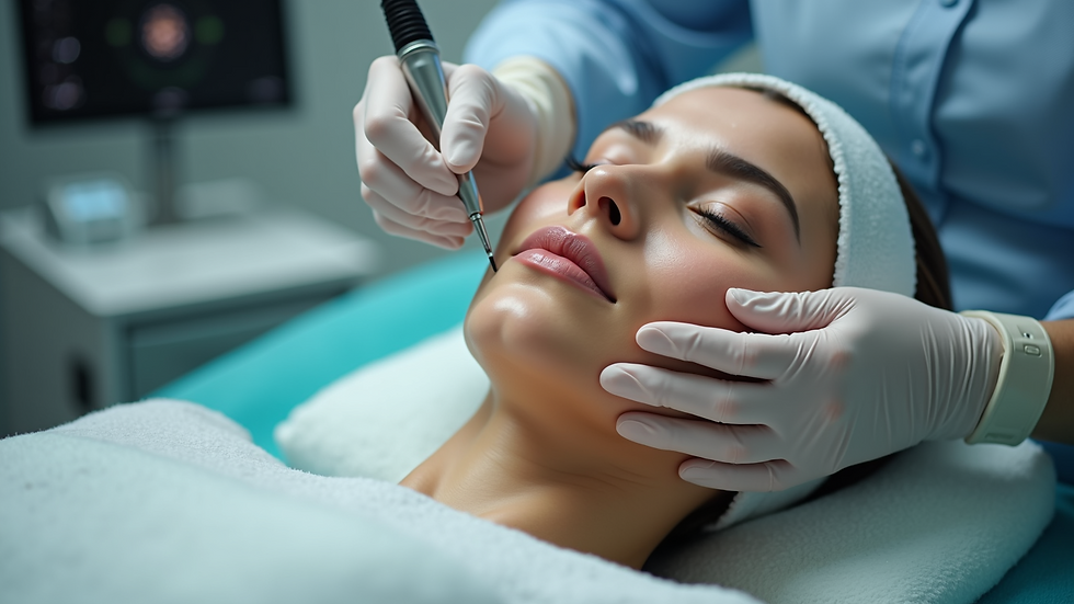 High angle view of a clinician performing microneedling on a patient's skin