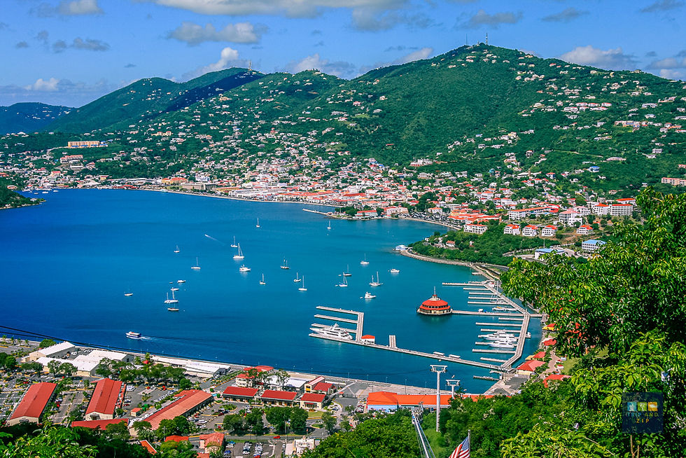 Vibrant harbor scene with boats in blue water, surrounded by hills and colorful buildings. Clear sky, lush greenery, and a calm, serene mood.