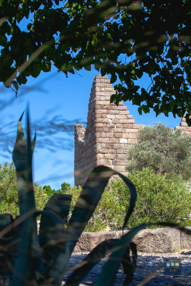 Ancient stone wall amidst lush greenery under a bright blue sky. Foreground includes silhouetted leaves. Mood is serene and historic.