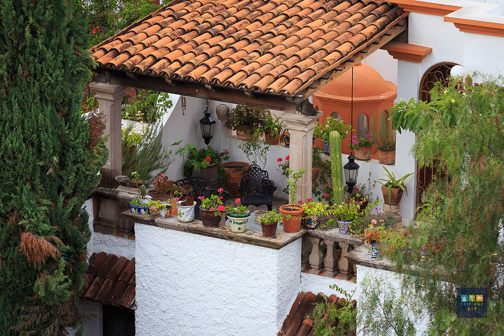Terracotta-roofed terrace adorned with vibrant potted plants and wrought-iron chairs, surrounded by lush greenery and white stucco walls.