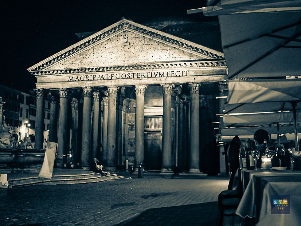Nighttime image of Pantheon in Rome, with lit columns and "M.AGRIPPA..." text. People dine under umbrellas, creating a serene atmosphere.