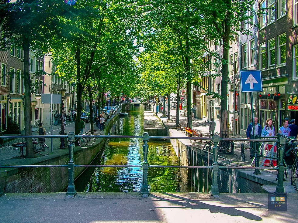 Sunny street in Amsterdam with a calm canal, bordered by trees and old buildings. People stroll by, bikes are parked. Sign points upward.