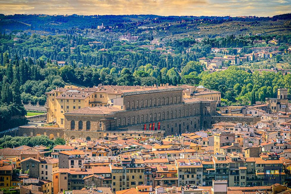 Aerial view of a grand stone building with red banners in a historic city, surrounded by tile-roofed houses and lush green hills under a cloudy sky.