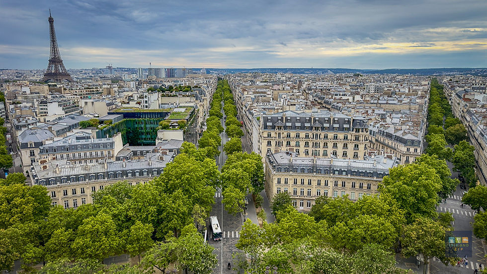 Aerial view of Paris with the Eiffel Tower on the left. Tree-lined streets and historic buildings under an overcast sky. Urban scenery.