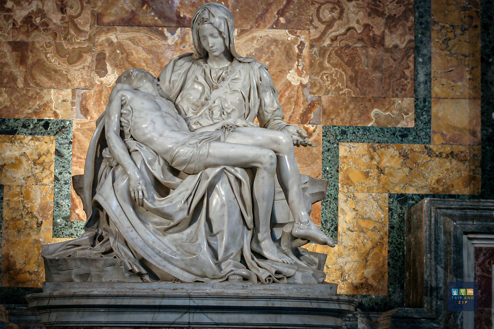 Marble sculpture of a seated woman holding a resting figure, set against a detailed, colorful marble background. Emotion: solemn.