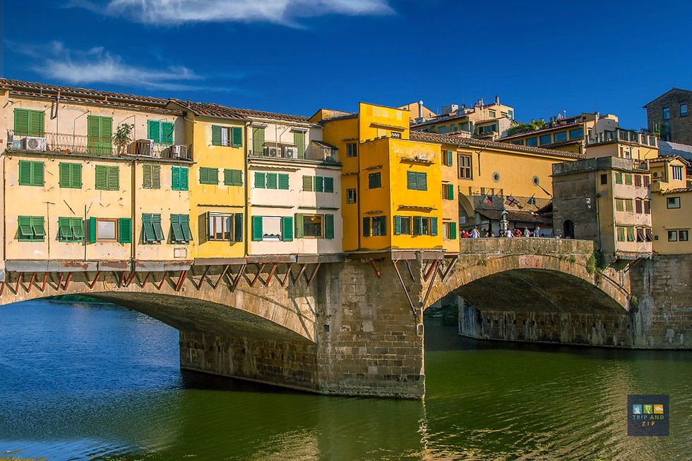 Yellow buildings with green shutters line a stone bridge over a calm river. Clear blue sky and some people walking create a lively mood.