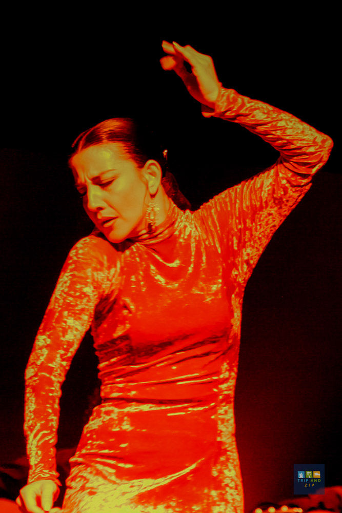 A woman in a vibrant red dress dances passionately, hand raised, against a dark background. The mood is intense and dynamic.