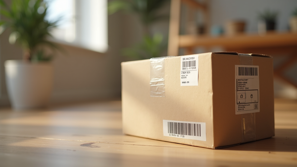 Close-up view of a cardboard box with shipping labels on a wooden floor