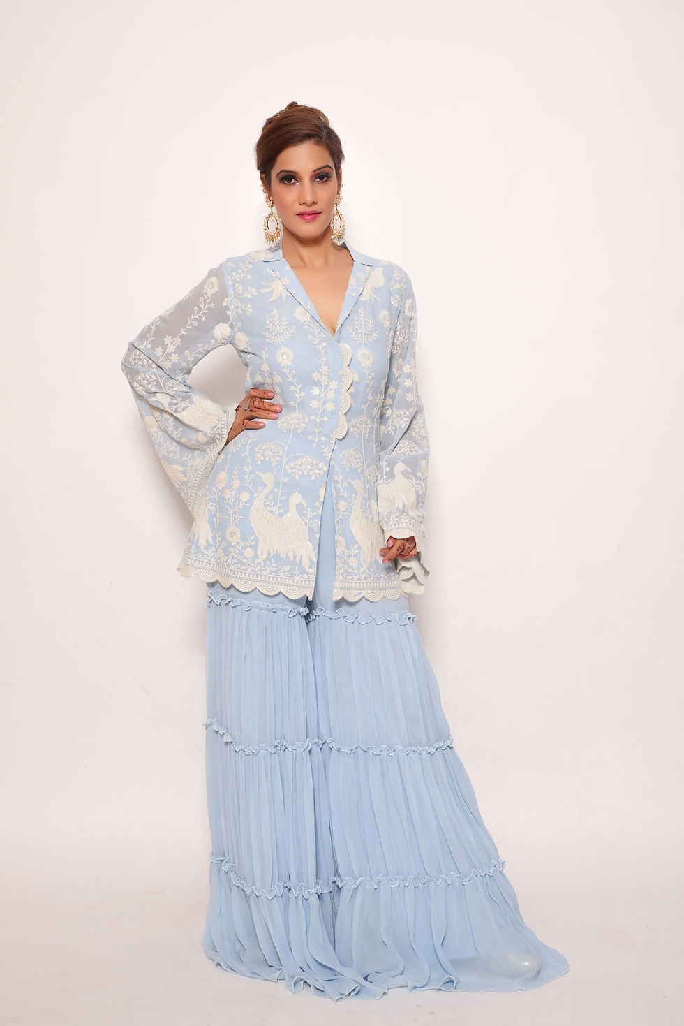 サムネイル： Powder Blue Embroidered Jacket With Garara
