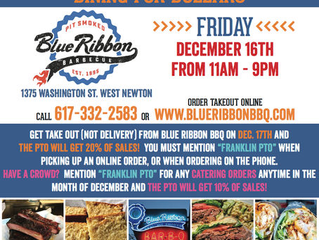 "Dining for Dollars" at Blue Ribbon BBQ is on Friday, December 16th, from 11AM - 9PM!