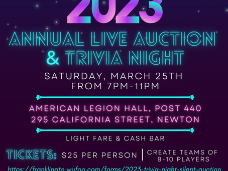 Franklin's Live Auction & Trivia Night is BACK on Saturday, March 25th from 7pm - 11pm!!
