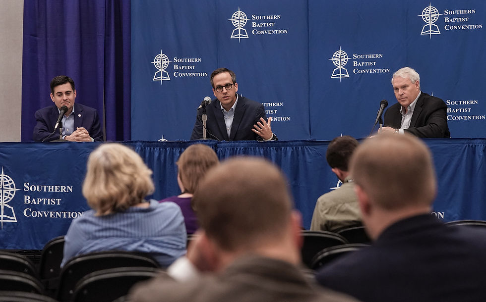 Russell Moore, president of the Ethics & Religious Liberty Commission; Jason Duesing, chairman of the Resolutions Committee and Sing Oldham, vice president for convention communications and relations, address the media in a press conference June 12. SBC messengers affirmed the dignity of women, denounce abuse, urge sexual purity among pastors in resolutions adopted June 12. (Photo by Matt Miller)
