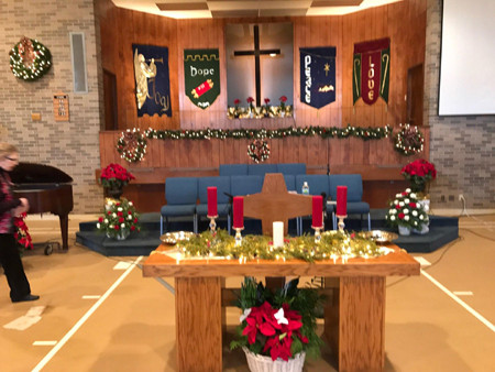 First Baptist Church of Trenton, Mich., transformed a former school's gym into a reverent worship center, shown at Christmas in 2017. (Photo submitted by James Jones.)