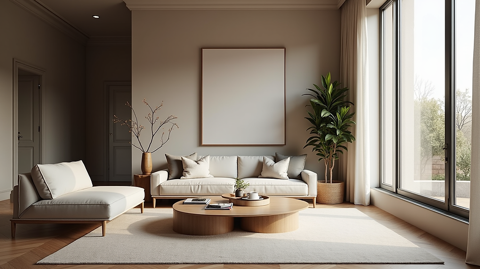 High angle view of a stylish living area with bespoke furniture and natural light