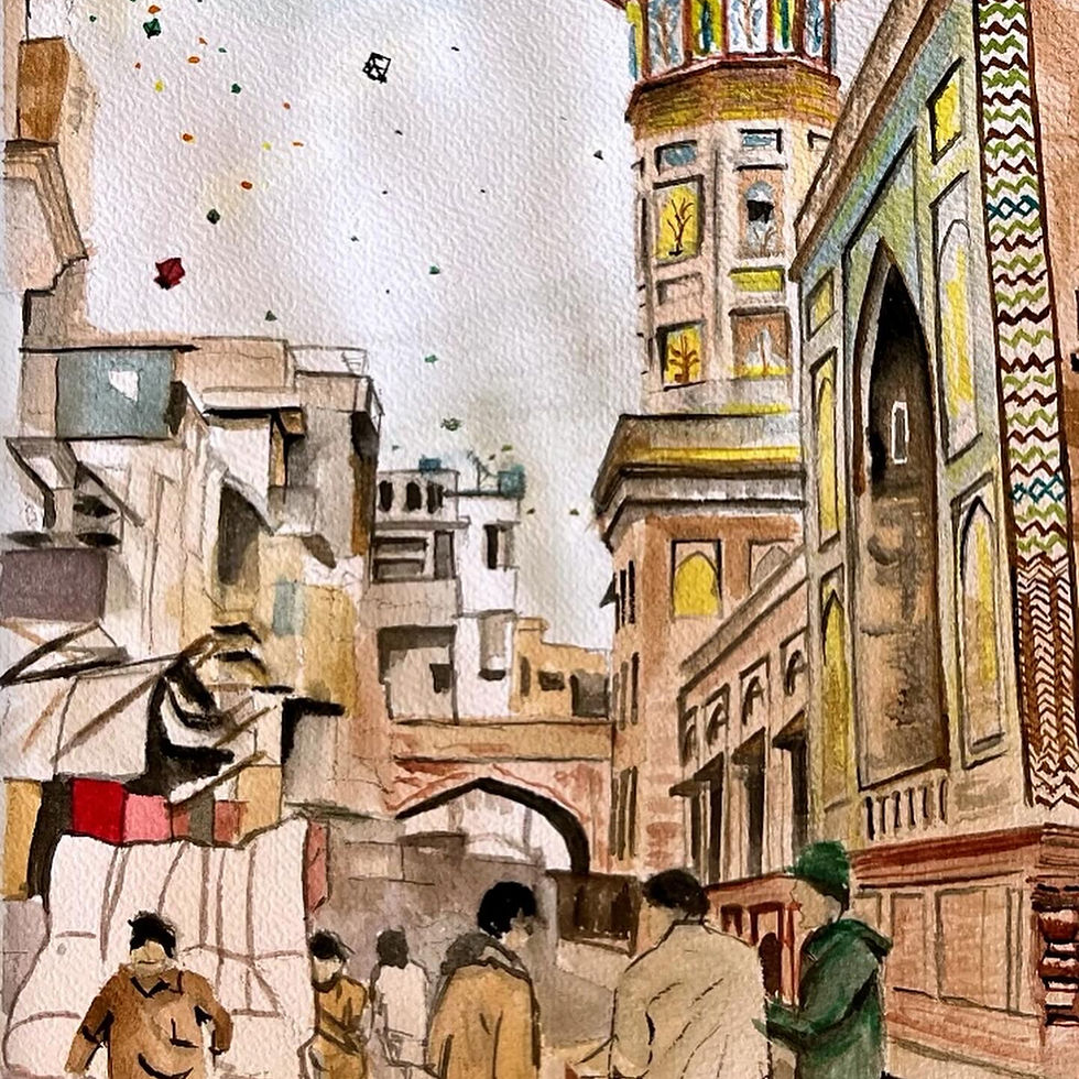 Wazir khan Mosque, Lahore Pakistan painting in watercolors,Landmark Lahore, walled city,street life,wall showing culture
