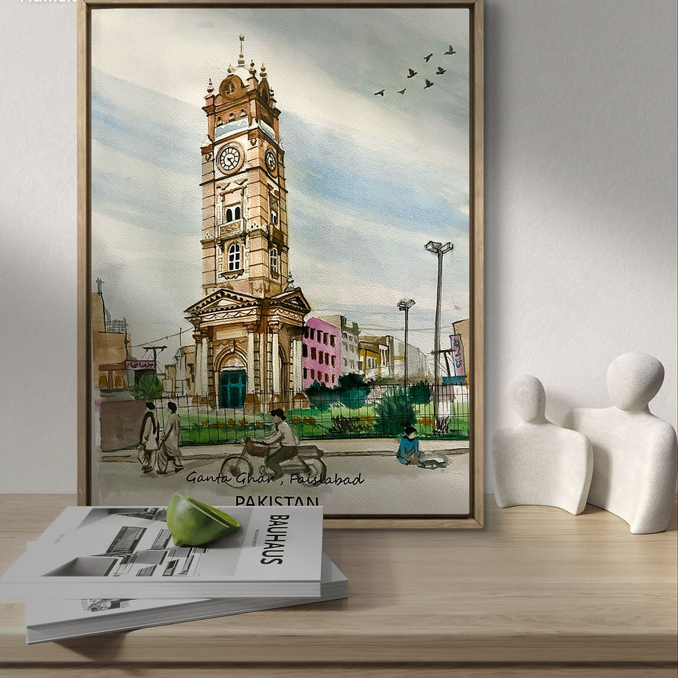 Handmade Ghanta Ghar ( Clock Tower ), Gujranwala Pakistan watercolor painting,Landmark Faislabad,wall showing culture