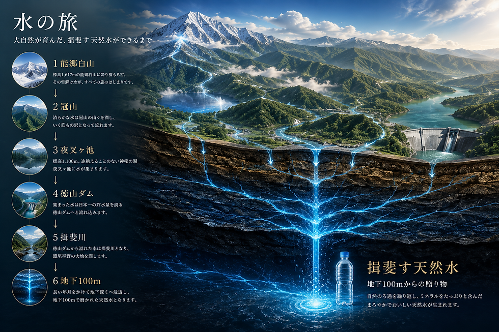 広大な山々とダム、地下へ流れ込む水の旅を描いた横長のイラスト。左側に工程説明のテキスト、右側にボトルとロゴがある。色は青と緑が中心で、ワイドランドスケープ構図。