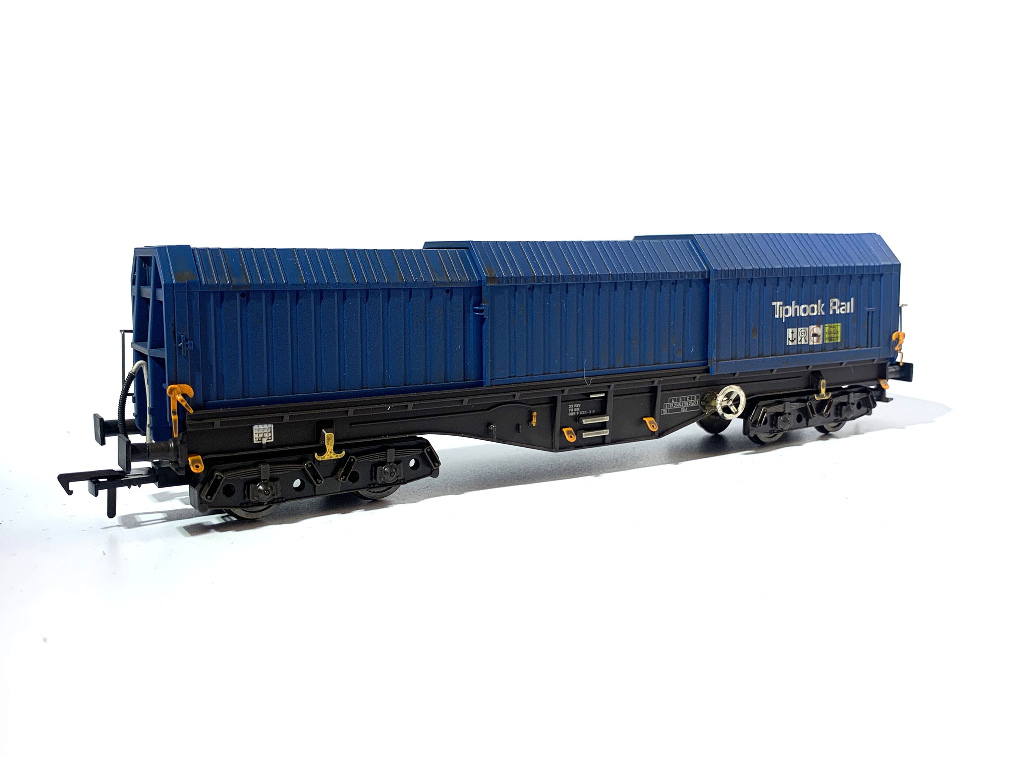 Dapol Telescopic Hood Wagon in weathered Tiphook rail blue livery and sold by Red Pen Railway Models