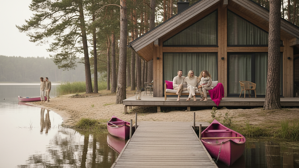 Eye-level view of a cozy wooden house by a lake in Mazury