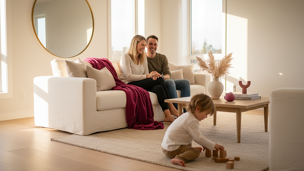 Eye-level view of a clean and bright living room with neutral colors