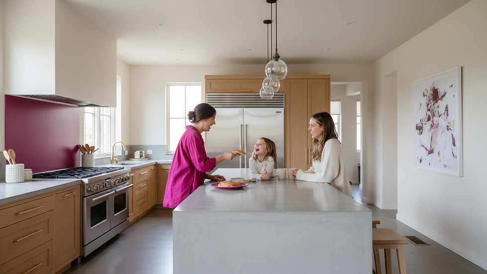 Wide angle view of a bright kitchen with modern appliances
