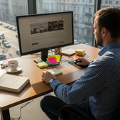 Przedsiębiorca pracuje nad stroną internetową swojej firmy w biurze.