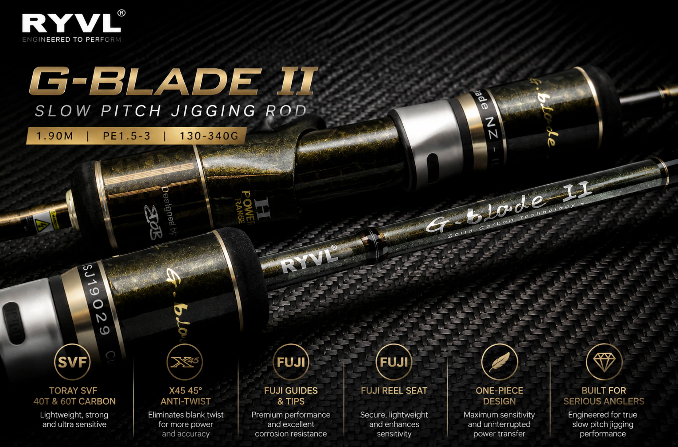 RYVL G-Blade II Slow Pitch Jigging Rod with Toray SVF carbon, Fuji components and one-piece construction for premium offshore