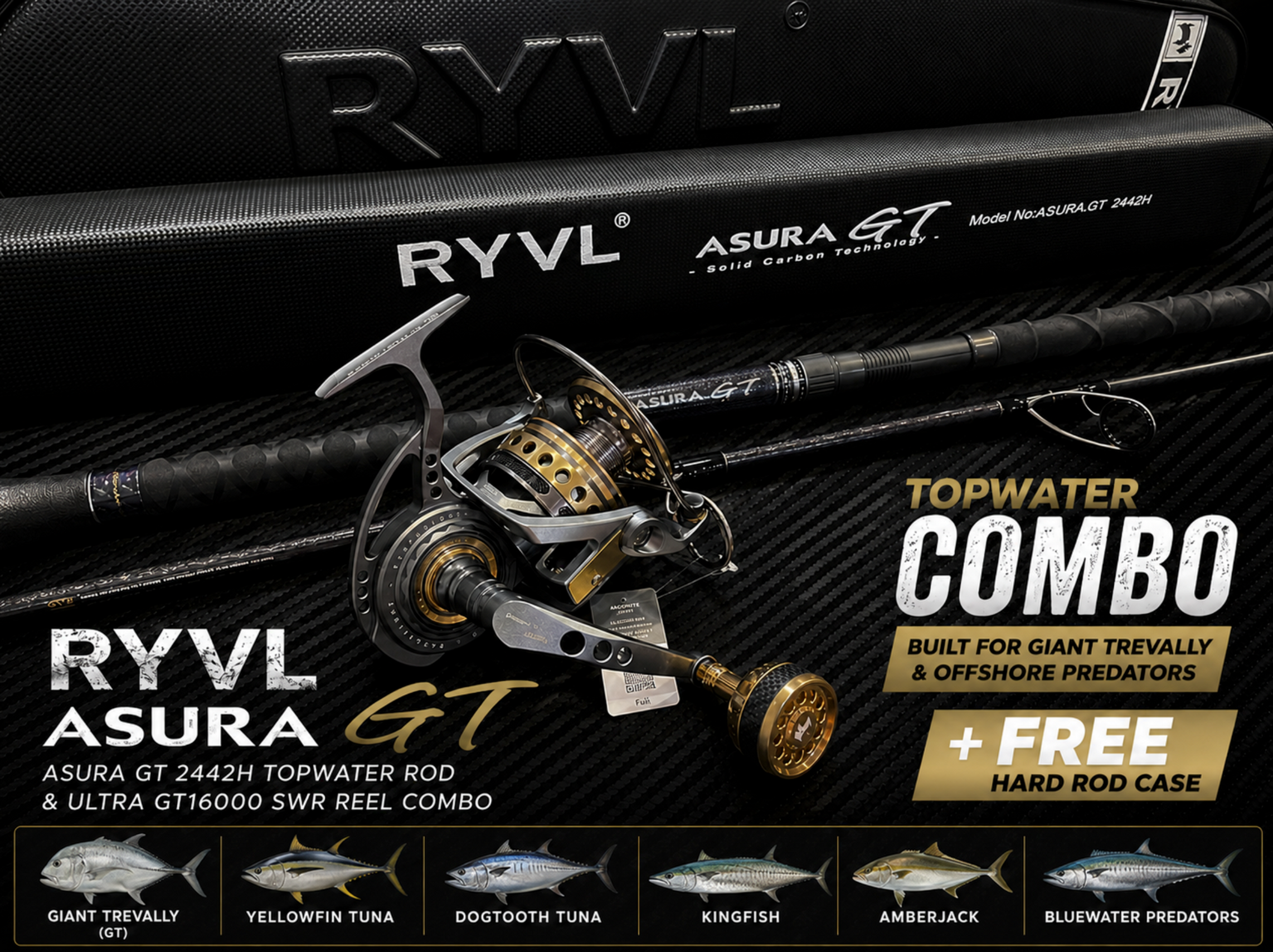 RYVL ASURA GT & GT16000 SWR Topwater Rod & Reel Combo with Free Hard Rod Case