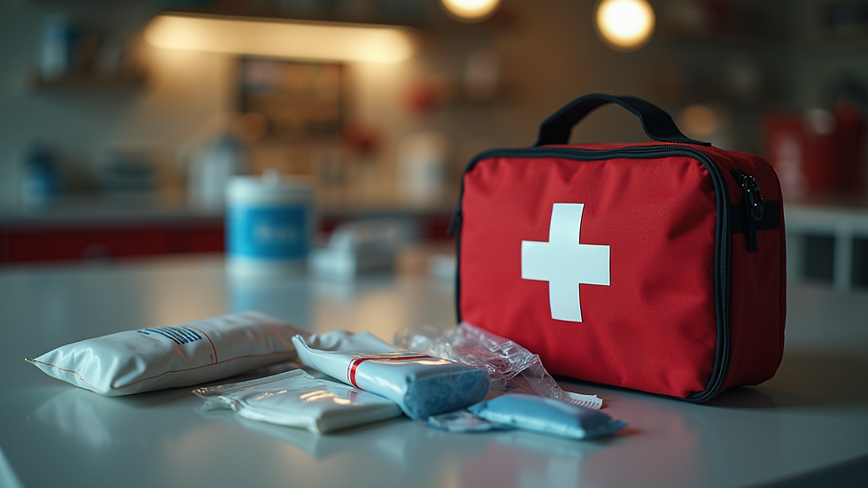 Close-up view of a first aid kit with essential supplies