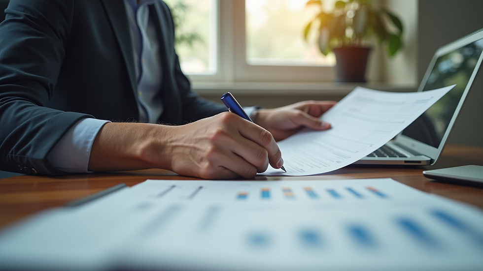 Eye-level view of a business owner reviewing documents at a desk