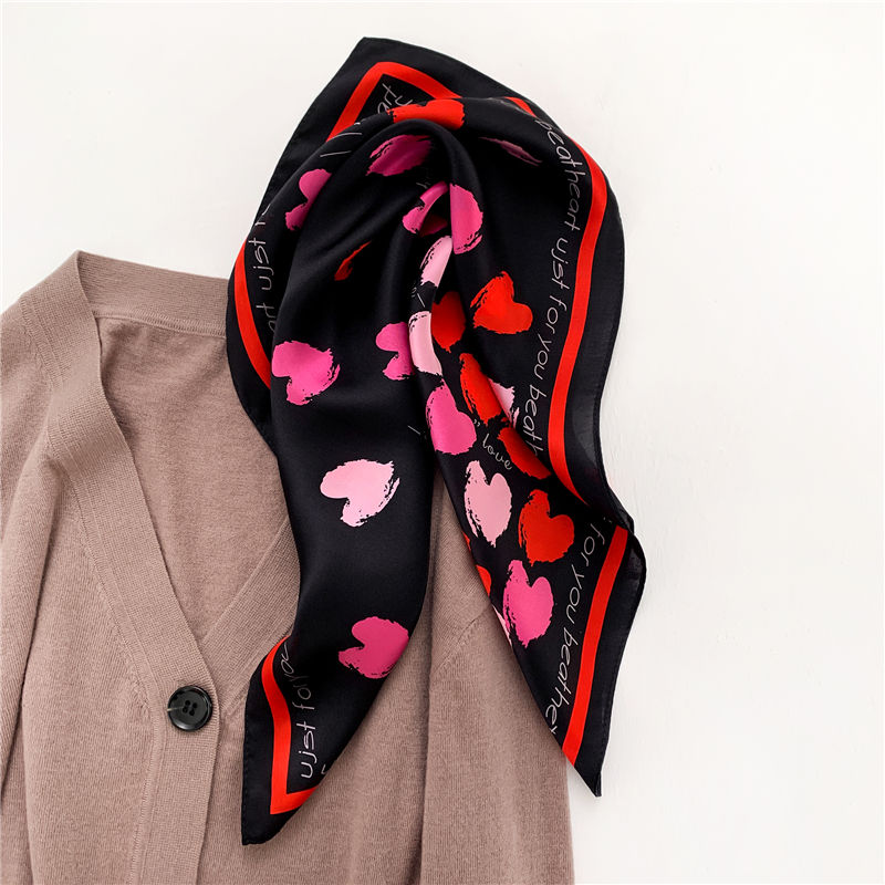 Miniature : Heart Print 53cm Silk Scarf | Black Square Scarf | Heart Shape