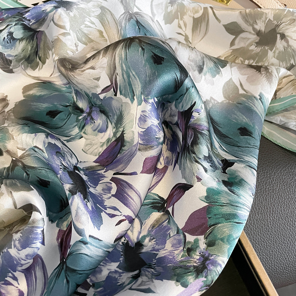 Thumbnail: Floral Pattern 53cm Silk Scarf | Silk Bandana | Green Purple Silk Scarf