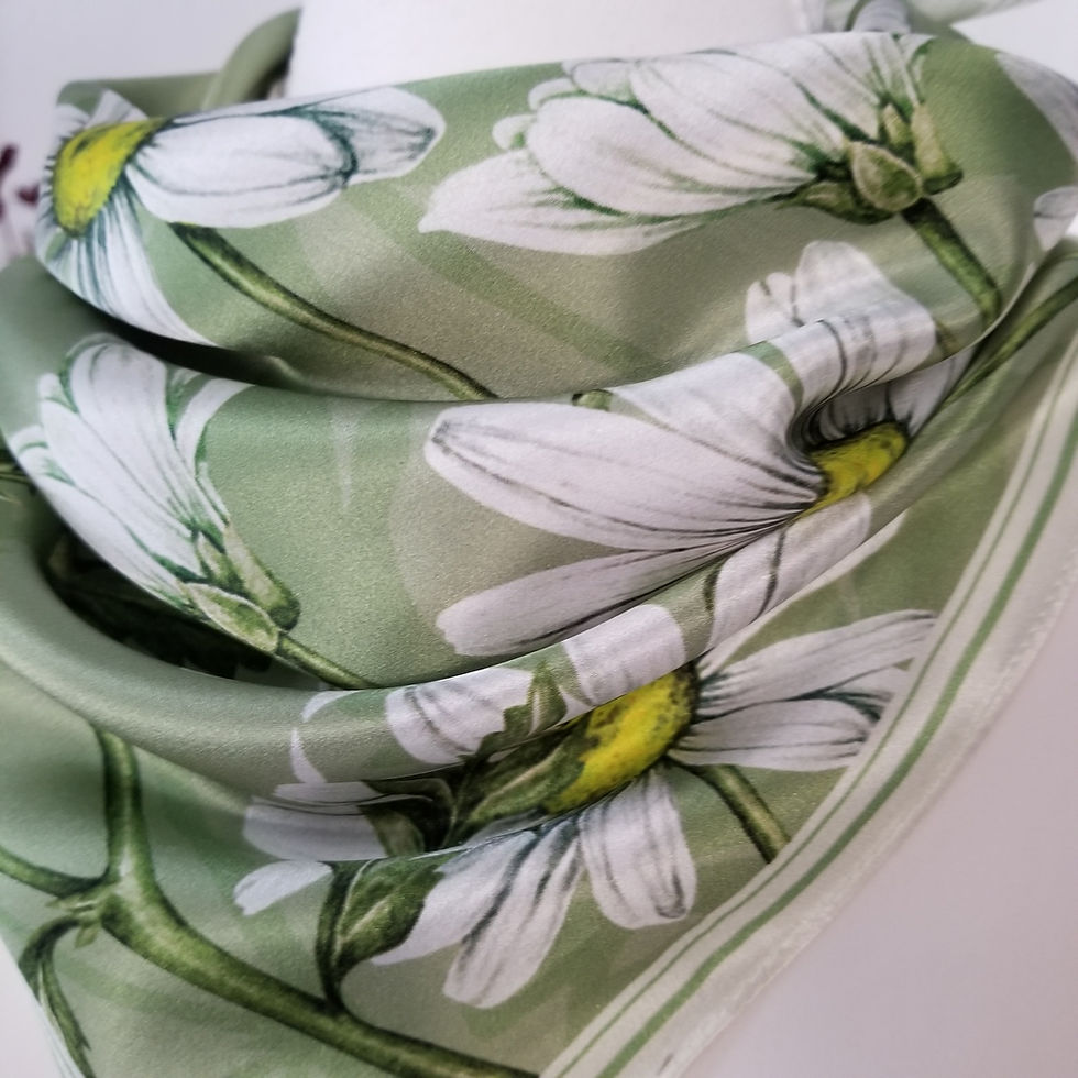 Thumbnail: Daisy Flower 53cm Silk Scarf | Light Green Floral Silk Scarf