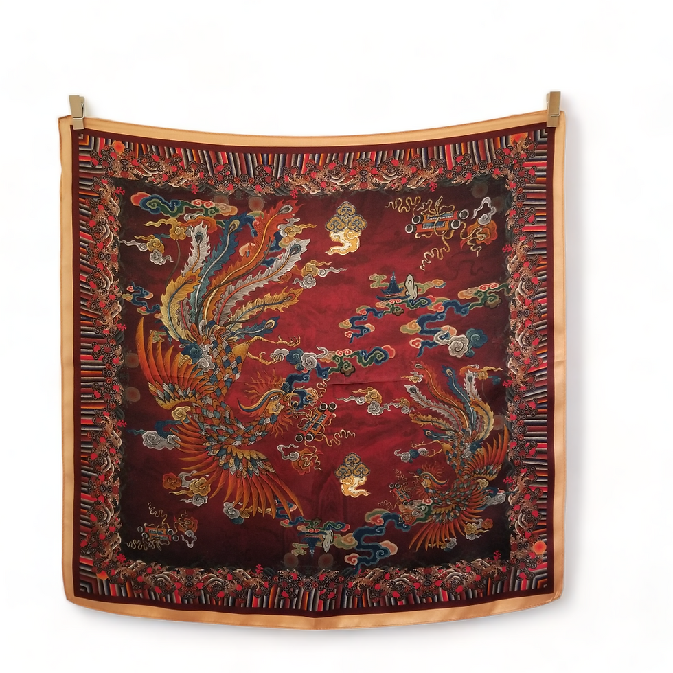 Miniatura: Floral Dark Burgundy Silk Scarf 53cm | Mystical Dragon Pattern | Vintage Vib
