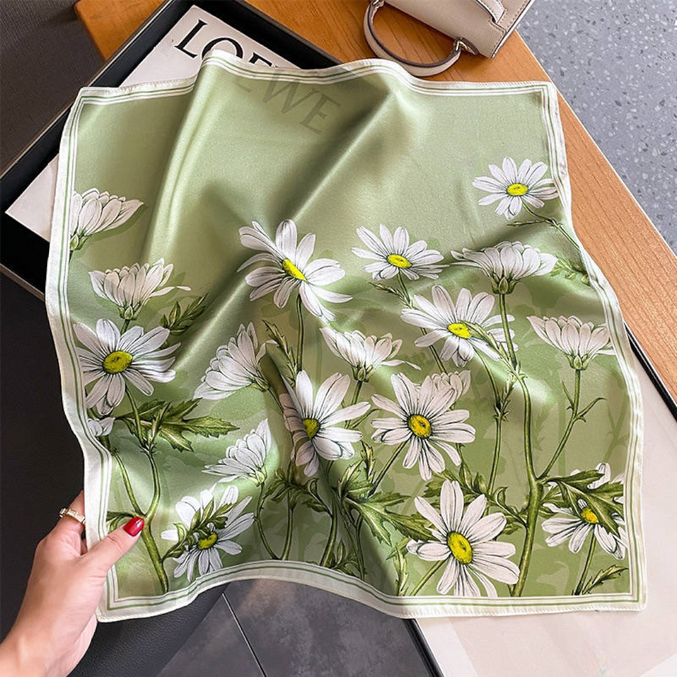 Thumbnail: Daisy Flower 53cm Silk Scarf | Light Green Floral Silk Scarf