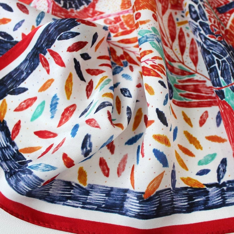 Miniature : Rainbow Leaf 53cm Silk Scarf Bandana | Red Leafy Colorful Scarf
