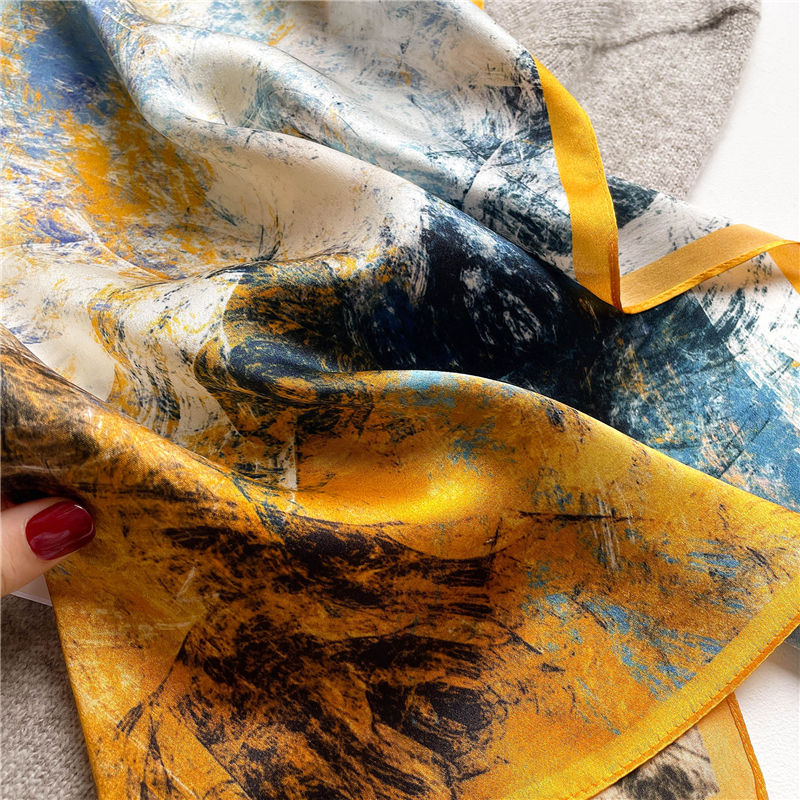Miniature : Yellow Abstract 53cm Silk Scarf | Color Paint Pattern Scarf