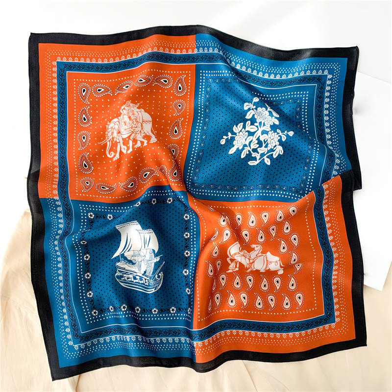 Thumbnail: Paisley Print 53cm Silk Scarf | Rust Orange Blue Bandana