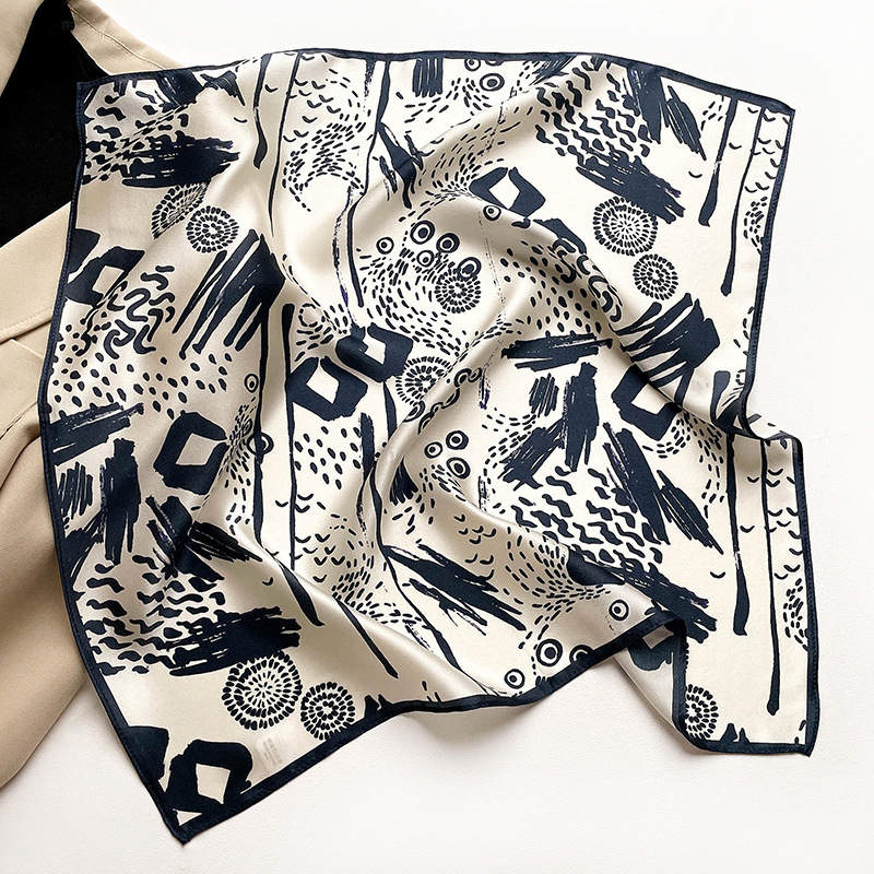 Miniature : Abstract Pattern 53cm Silk Scarf | Geometric Shapes Black and White